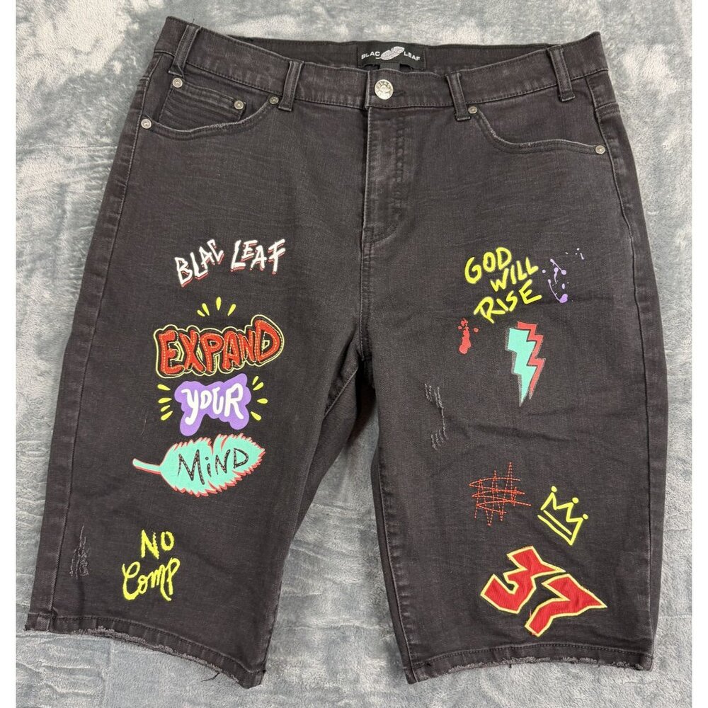 Blac Leaf Mens Black Graphic Denim Short  Patchwork Distressed 36